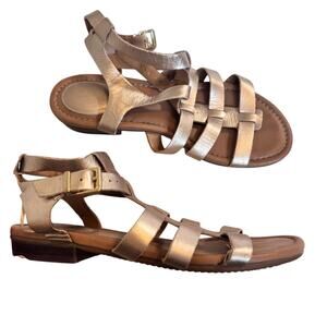 Clarks Gold Leather Strappy Gladiator Sandals Women’s 9 Beachy Comfort Flats